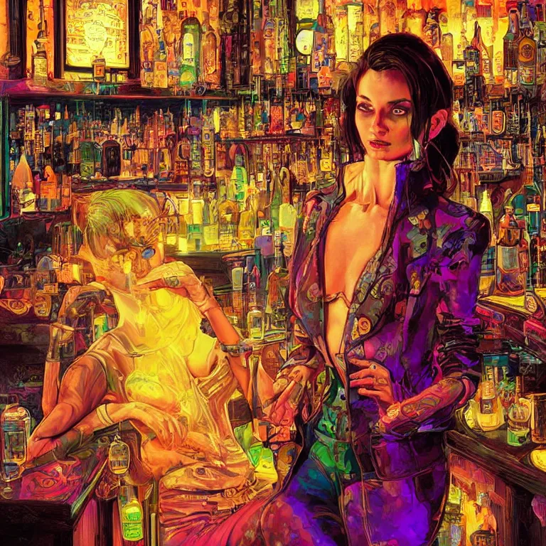 Prompt: beautiful psychedelic digital art of a beautiful cyberpunk lady in a cozy bar by Mad Dog Jones, Norman Rockwell and Ben Erdt