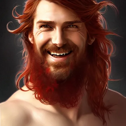 Prompt: portrait of a young ruggedly handsome but joyful pirate, male, masculine, upper body, red crimson hair, long flowing hair, fantasy, soft grin, intricate, elegant, highly detailed, digital painting, artstation, concept art, matte, sharp focus, illustration, art by artgerm and greg rutkowski and alphonse mucha