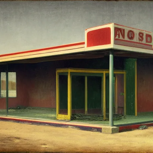 Prompt: a black unicorn in an abandoned gas station, daguerreotype by edward hopper, by henri rousseau, by Bosch, art noveau, highly detailed, strong lights, liminal, eerie, Bright pastel colors, octane render, 8k