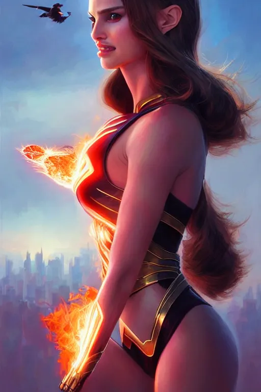 Prompt: hyper - realistic, gorgeous!!! woman resembling natalie portman as a superhero with fire powers, flying over a city | intricate, highly detailed, digital painting, artstaion, smooth, sharp focus, character desgin, concept art, illustration | art by artgerm & jeehyung lee & wlop