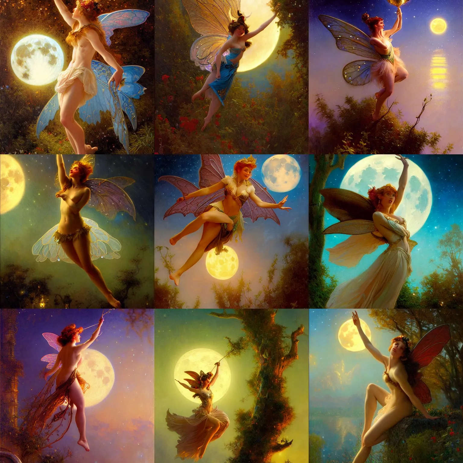 Prompt: attractive fairy magically floating high in the night, fantasy, full moon in background. highly detailed painting by gaston bussiere, craig mullins, j. c. leyendecker, mid shot, 8 k