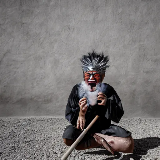 Image similar to screaming old asian man with beard, his head covered in jewels, full face silver mask, glowing eyes, wearing a wooden stick, smoke around him, in the dry rock desert, cinematic shot, wide angle, desert background, award winning photography, 8k, in the style of David Lynch, Alejandro Jodorowsky and Gaspar Noe