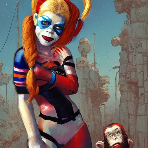 Image similar to Harley Quinn as a young ape kid, illustration, comic, by James Jean, by John Coltrane and Marc Simonetti, high detail of the face, full body