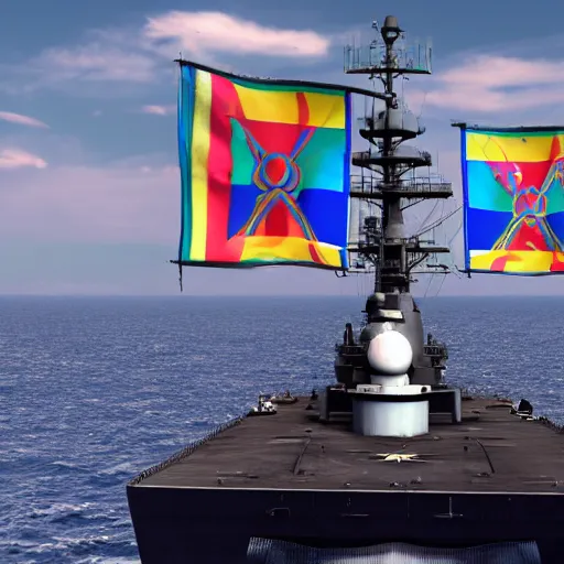 Image similar to Transgender pride flag risen over a battleship, digital art, trending on artstation