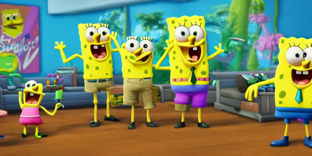 Image similar to spongebob party inside sims 4. Octane render, 4k, 8k, unreal 5, very detailed, hyper realism, trending on artstation.