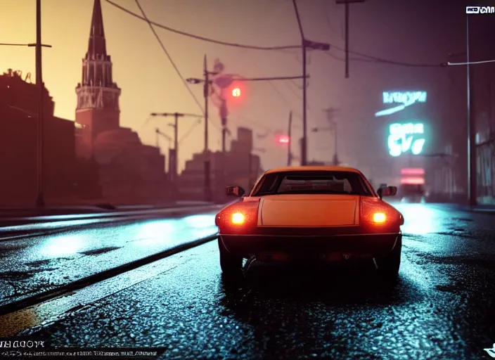 Prompt: gta in moscow, playstation 5 screenshot, mega details, dark night, orange lights, heavy rain, fog, beautiful rtx reflections, soviet suburbs, photorealistic, unreal engine 5, octane render, volumetric light, cg society, 4 k, bokeh, lada car, artstation