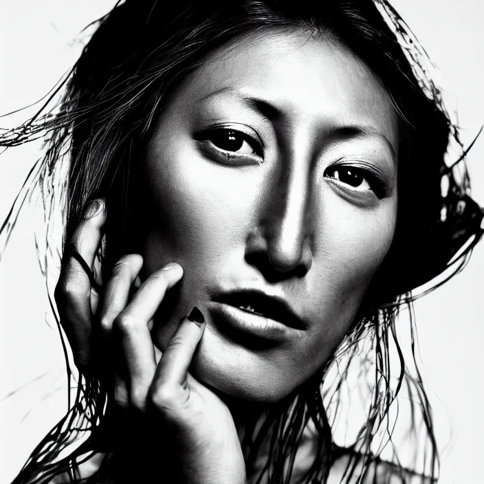 Prompt: photography face portrait on a tropical wallpaper background of a beautiful woman like dichen lachman, black and white photography portrait, skin grain detail, high fashion, studio lighting film noir style photography, by richard avedon, and paolo roversi, nick knight, hellmut newton,