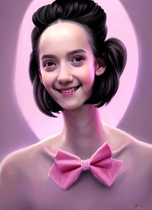 Image similar to portrait of high school girl, realistic, black hair, bangs, half updo hairstyle, pointy nose, skinny, smile, ugly, defined jawline, big chin, pink hair bow, earrings, intricate, elegant, glowing lights, highly detailed, digital painting, artstation, sharp focus, illustration, art by wlop, mars ravelo and greg rutkowski