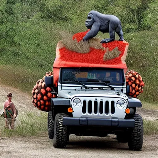 Prompt: gorilla driving a jeep holding an amanita muscaria made by banksy