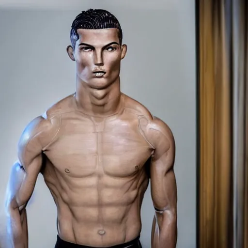 Image similar to a realistic detailed photo of a guy who is an attractive humanoid who is half robot and half humanoid, who is a male android, soccer player cristiano ronaldo, shiny skin, posing like a statue, blank stare, in a living room, on display, showing off his muscles