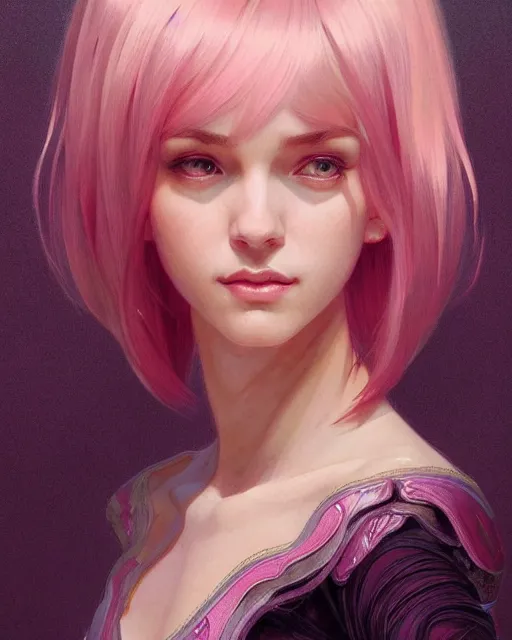 Prompt: portrait of pink layered bob half elf, intricate, elegant, highly detailed, digital painting, artstation, concept art, smooth, sharp focus, illustration, art by artgerm and greg rutkowski and alphonse mucha and uang guangjian and gil elvgren and sachin teng and wlop, symmetry