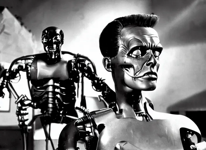 Prompt: Scene from the 1954 science fiction film The Terminator