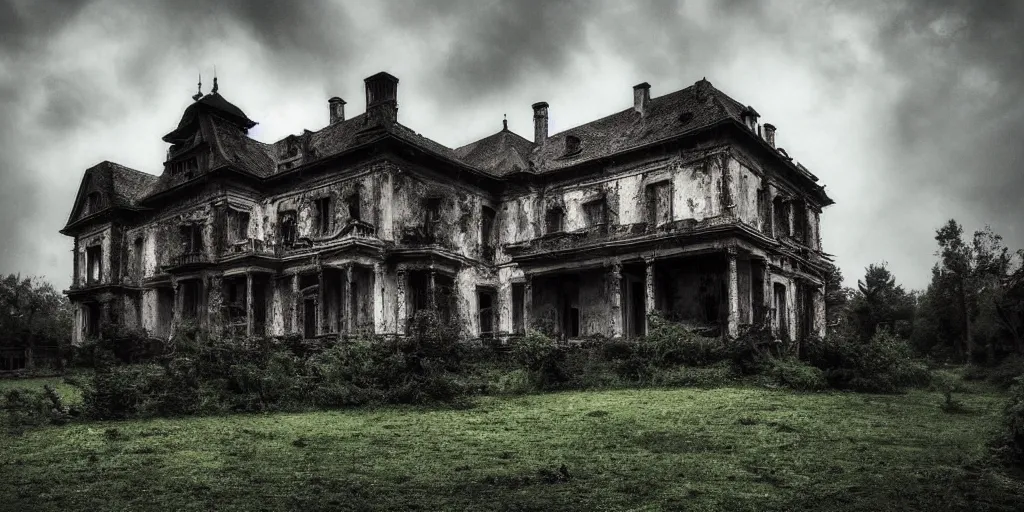 Image similar to a haunted old villa in the middle of an ancient forest, ominous Sky, gloomy atmosphere, cinematic, mist, High definition, 8k, ultra detailed