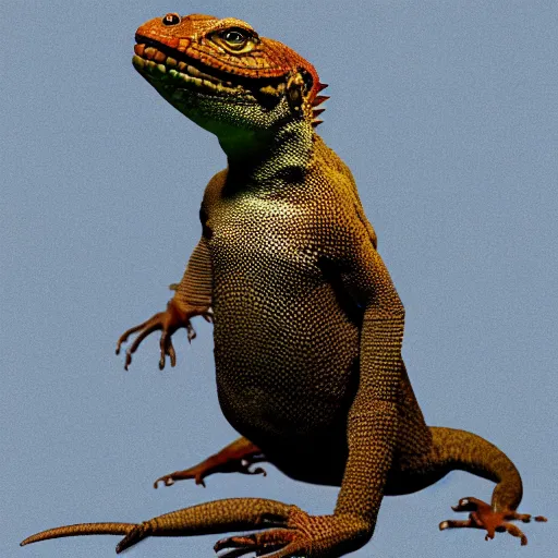 Prompt: the head of a lizard photoshopped onto a gorrilla's body, full - body shot, cursed image