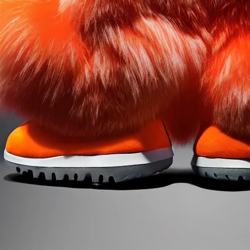 Image similar to nike shoe made of very fluffy orange faux fur placed on reflective surface, professional advertising, overhead lighting, heavy detail, realistic by nate vanhook, mark miner