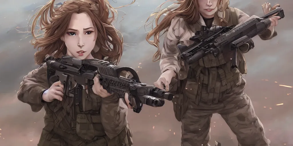 Image similar to soldier girl, alone, ground explosion, anime style, long hair, hair down, symmetrical facial features, under heavy fire, hyper realistic, pale skin, 4 k, rule of thirds, extreme detail, detailed drawing, trending artstation, hd, fantasy, d & d, realistic lighting, by alphonse mucha, greg rutkowski, sharp focus, backlit, soldier clothing