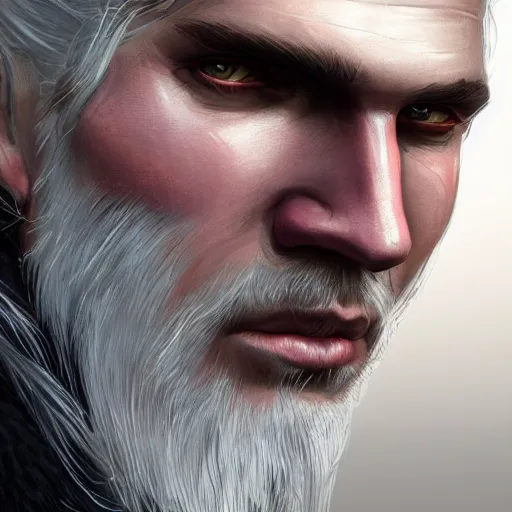 Prompt: closeup portrait of Geralt of Rivia, D&D, fantasy, highly detailed, digital painting, trending on artstation, concept art, sharp focus, illustration, art by artgerm and greg rutkowski and magali villeneuve