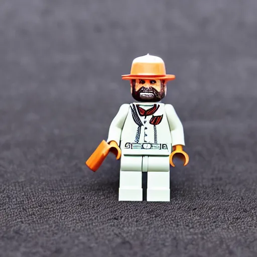 Image similar to macro photography of a minifigure of walter white walking on the carpet, 3 5 mm