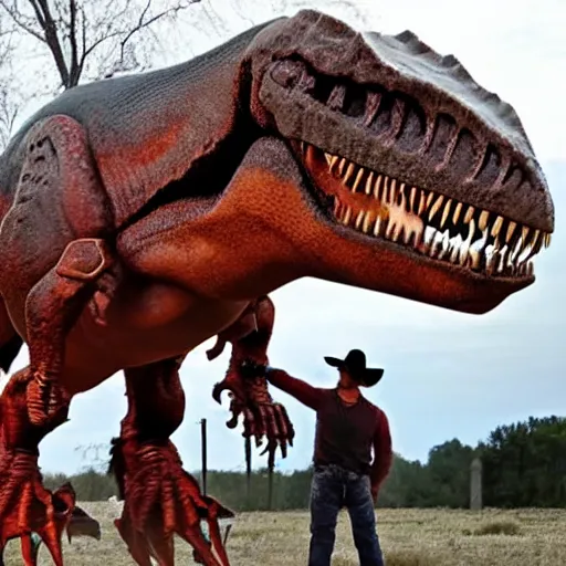 Image similar to a t-rex mounted by a cowboy