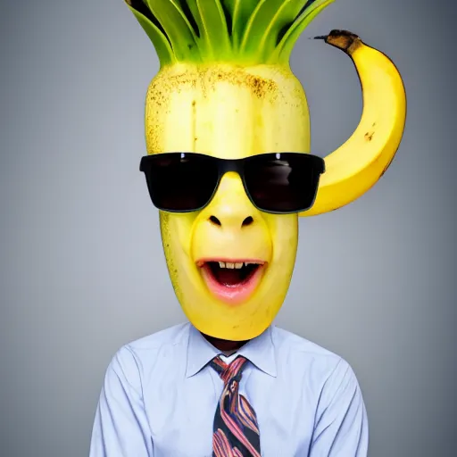 Image similar to banana head, a man wearing a suit banana head