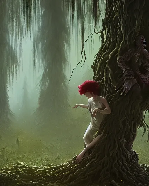 Image similar to highly detailed surreal vfx portrait of a cursed monster in a shadowy forest by a willow tree, stephen bliss, unreal engine, greg rutkowski, loish, rhads, beeple, makoto shinkai and lois van baarle, ilya kuvshinov, rossdraws, tom bagshaw, alphonse mucha, global illumination, detailed and intricate environment