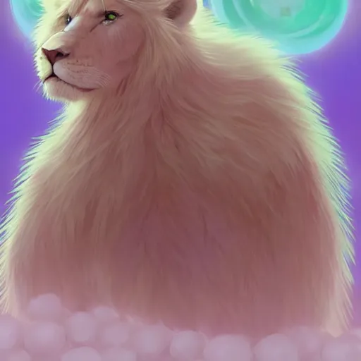 Prompt: aesthetic portrait commission of a albino male furry anthro lion under a lavender bubble filled while wearing a cute mint colored cozy soft pastel winter outfit with pearls on it, winter atmosphere. character design by artgerm, and makoto shinkai, detailed, inked, western comic book art, 2 0 2 0 award winning painting