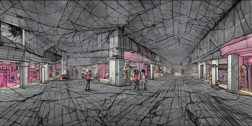 Image similar to eerie abandoned mall, horror - themed, award - winning anime digital art