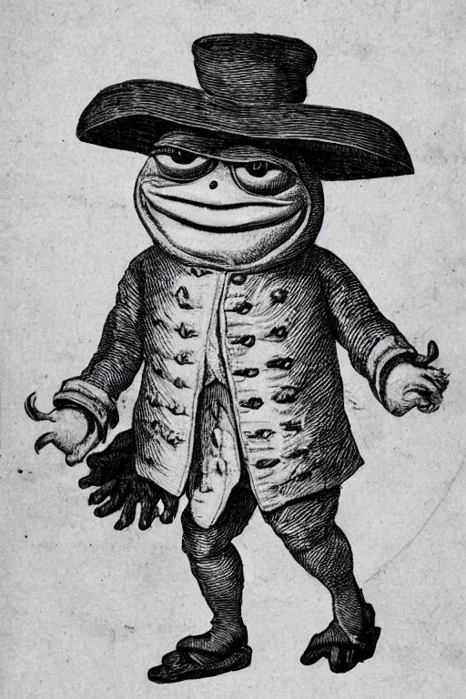 Prompt: pepe the frog in 1 7 5 8 uniform of the 6 5 th regiment of foot with tricorne hat