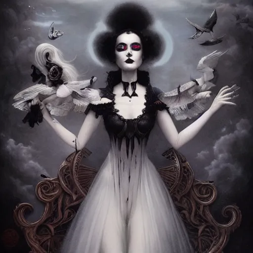 Image similar to By Tom Bagshaw, ultra realist soft painting of a curiosities carnival by night, very beautiful female dollpunk in full gothic dress, symmetry accurate features, very intricate details, omnious sky, black and white, volumetric light clouds