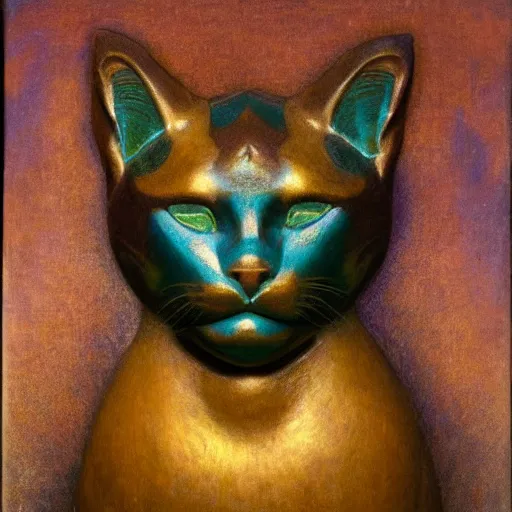 Image similar to cloisonne cat head sculpture, by annie swynnerton and diego rivera and nicholas roerich and jean delville, symbolist, dramatic lighting, god rays, art brut, rich colors, smooth, sharp focus, extremely detailed, adolf wolfli and ( donato giancola and bilibin )