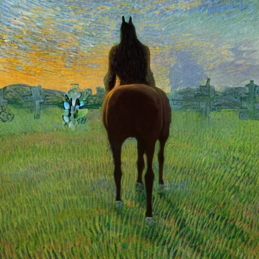 Image similar to sad ominous painting of a horse in a cemetery at dusk, in the style of studio ghibli and moebius and claude monet and vincent van gogh