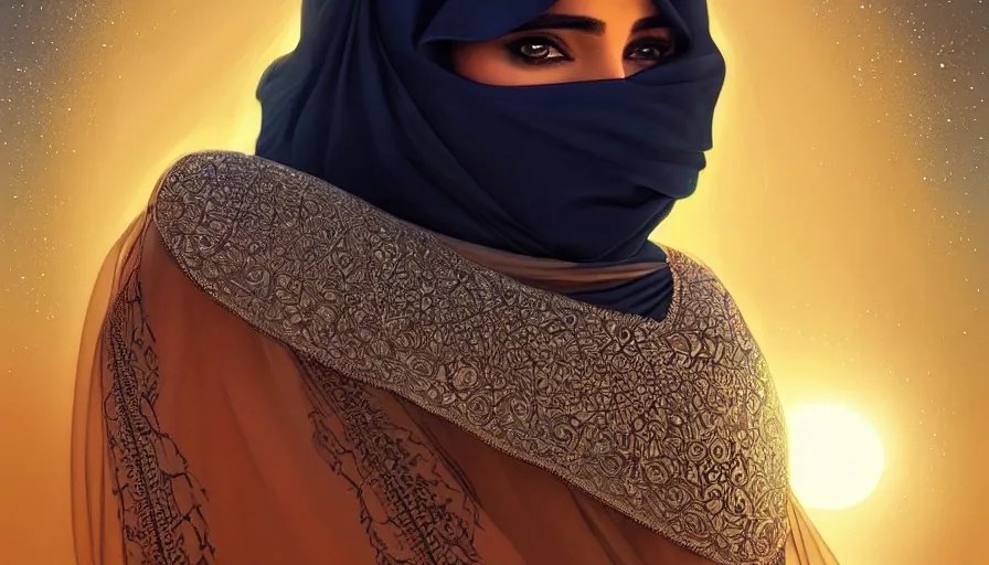 Prompt: Portrait of very very very very very very beautiful Arab woman wearing a Niqab, glowing magical eyes, energy trails, under giant full moon in the desert, intricate, elegant, highly detailed, digital painting, artstation, concept art, smooth, sharp focus, illustration, art by artgerm and greg rutkowski and alphonse mucha