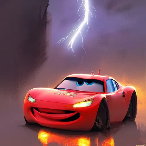 Image similar to lightning mcqueen crash in heavily by greg rutkowski