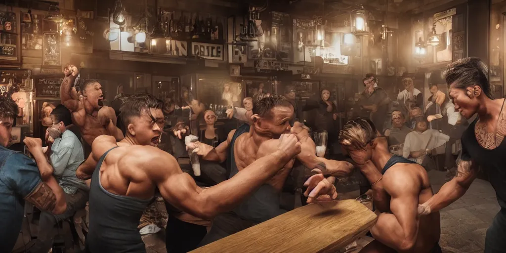 Prompt: a photo of a bar fight inside a pub between people of diverse ethnicities and genders, Leica, symmetrical faces, muscles, detailed faces, accurate faces, 4k, 3D render, hyperrealism, editorial, photorealistic, crisp details, sharp focus, wide angle lens, octane render, cinematic lighting