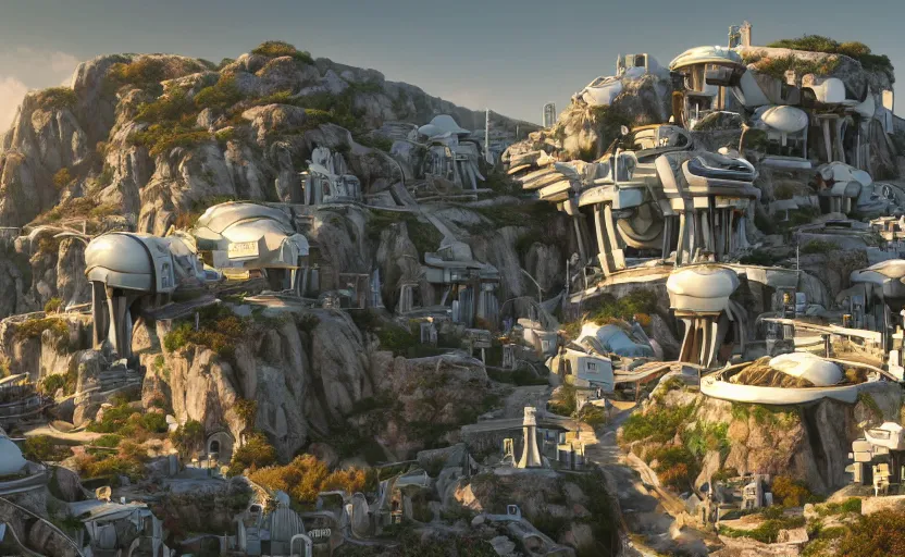 Prompt: futuristic robotic village with technology, white, purple roofs, ancient greek style, sci-fi, beams, tubes, pipes, built on a steep hill, on top of the hill is a futuristic greek temple, pillars, cyberpunk, cgi, in the style of Pixar, hyper realistic, Unreal Engine 5, octane render, trending on art station