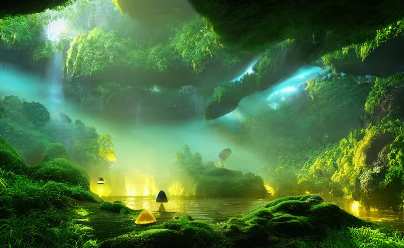 Image similar to a beautiful and stunning professional digital artwork of a humongous glowing mushroom cave, haze, waterfall, volumetric lighting, hyperrealistic, green, blue, sunset, unreal engine 5, ultra detail