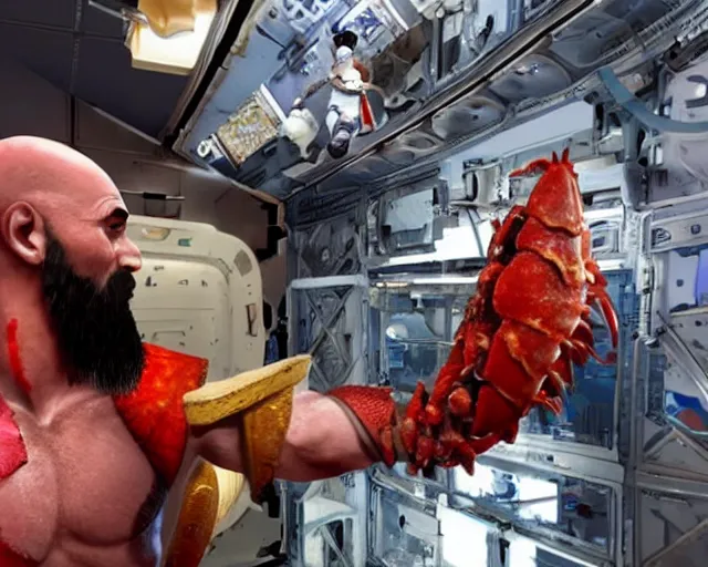 Image similar to kratos from the god of war videogame eating a whole lobster in the international space station