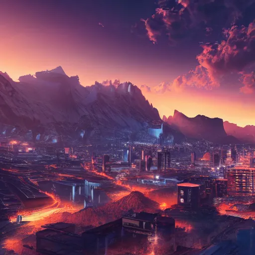 Prompt: beautiful sunset over detailed cyberpunk suburb in a valley surrounded by epic mountains with snowtops, sharp, highly detailed, hyperrealistic, 4 k, - i