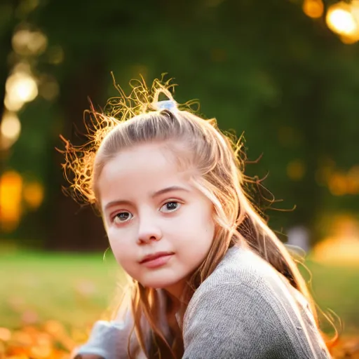 Prompt: close up shot 50mm young girl golden hour in park by lake