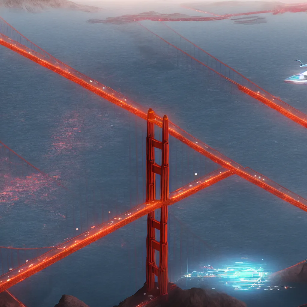 Image similar to A Volvo spaceship flying over the Golden Gate Bridge, cinematic lighting ultra detail ultra realistic photo realistic octane render 4k