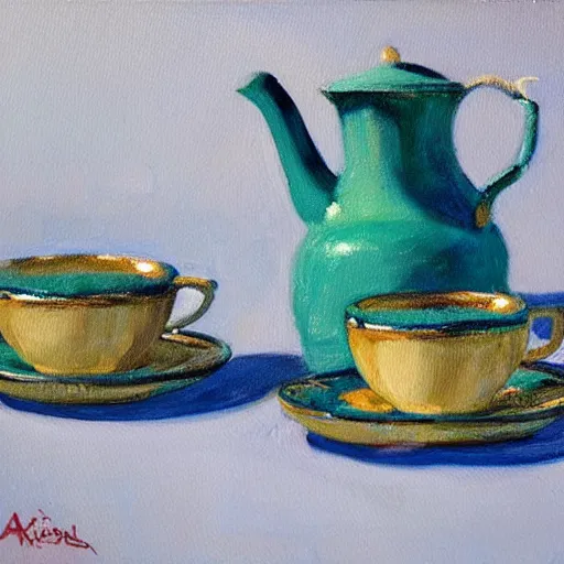 Prompt: a painting of a tea set on a table, a still life by marshall arisman, artstation contest winner, american scene painting, rim light, rich color palette, oil on canvas