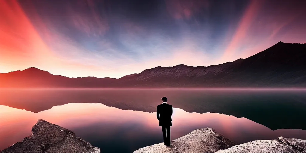Image similar to amazing landscape photo of a man wearing tuxedo standing on the lake at sunrise by Charlie Waite and Marc Adamus beautiful dramatic lighting, surrealism, sharp, smooth, detailed