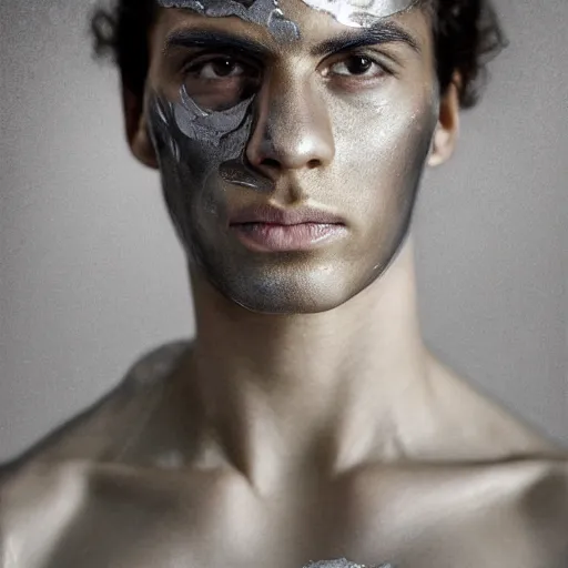 Image similar to a close up portrait of a beautiful athletic young persian male with his face covered in silver leaf , photographed by erwin olaf, artistic