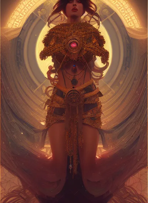 Image similar to Divine cosmic female power, glyphs, magic, artstation, high contrast, dramatic lighting, cgsociety, very detailed, intricate, detailed illustration, by artgerm and greg rutkowski and alphonse mucha, octane render, unreal engine, hyperrealism