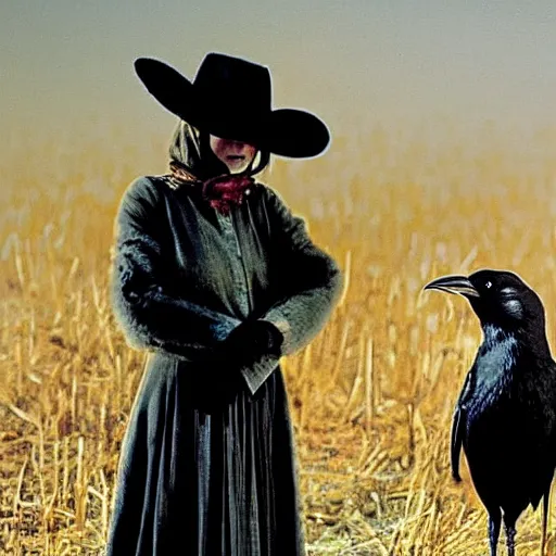 Image similar to female scarecrow with a crow, movie still