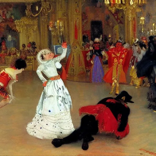 Image similar to a court jester break dancing while the queen watches in confusion and dismay. 85mm Ilya Repin, WLOP