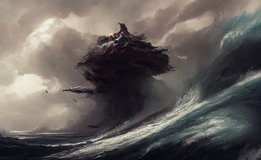 Image similar to a painting of ⛈⛈⚡⚡🌊🌊🌊 trending on artstation in the style of greg rutkowski