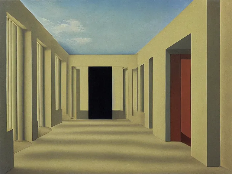 Prompt: infinite endless hallway painting by rene magritte, high detail, high resolution