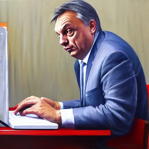 Prompt: viktor orban reading the news on a laptop in a cubicle, oil painting