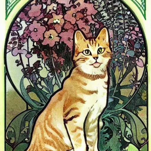 Prompt: a cute tabby cat sitting in a garden, beautiful illustration by alginate alphonse mucha